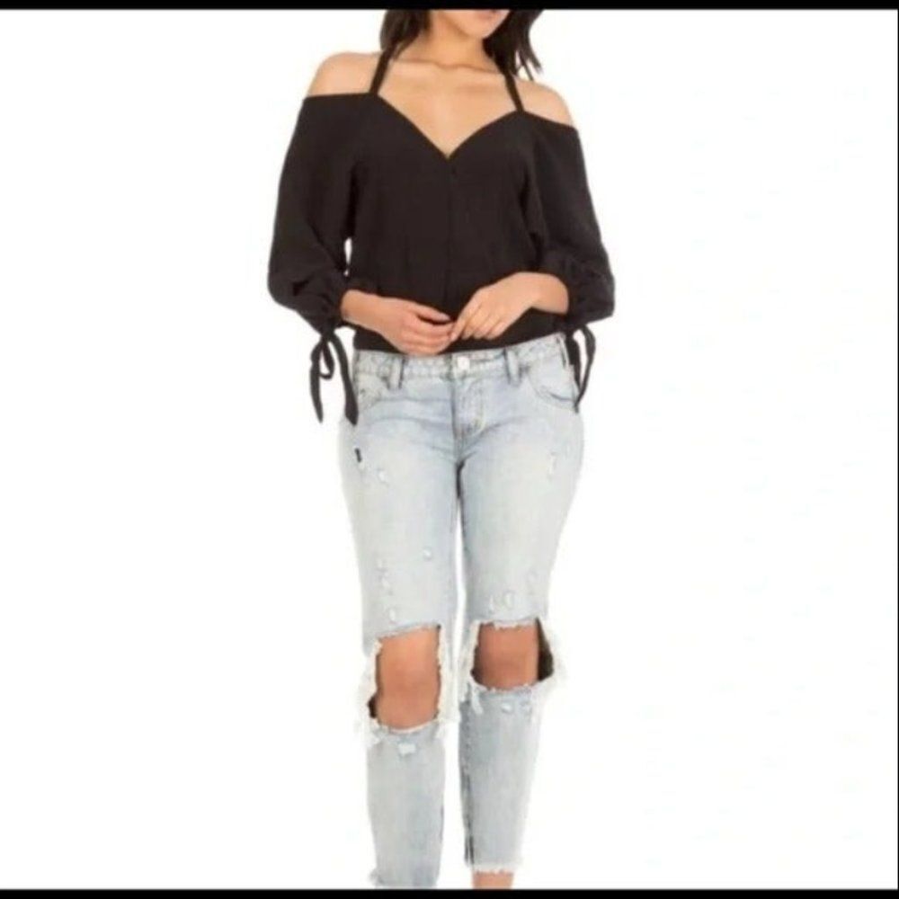 For Love and Lemons Buenas Noches Black Bodysuit Small